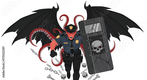 Demonic Police Officer with Wings Tentacles and Skull Shield Charging Forward.
