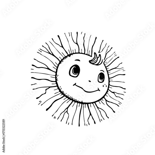 Stylized sun character illustration with expressive eyes and radiating lines creates a cheerful