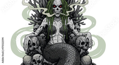 Undead Mermaid Queen with Red Eyes on Skull Throne Smoking.