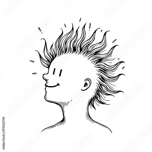 Stylized whimsical line art of a person with a mohawk expressing cheerful contentment and