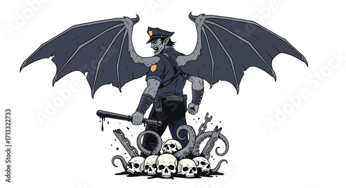 Winged Demon Police Officer with Bat Skulls and Tentacles Holding Baton.