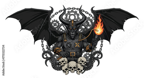 Steampunk Devil with Torch Skulls Gears Chains and Winged Silhouette.
