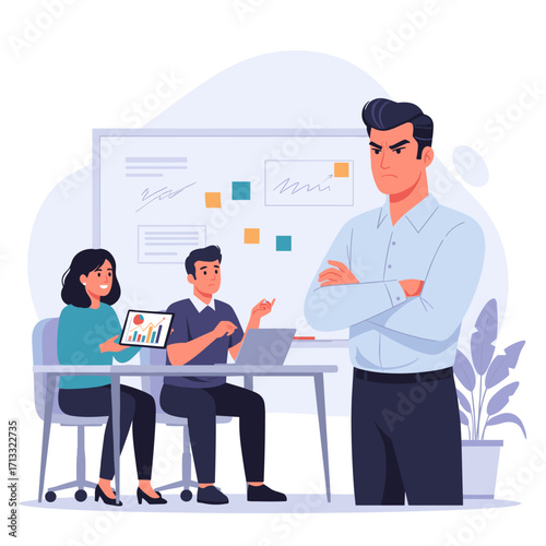 Angry boss overseeing displeased employees in meeting