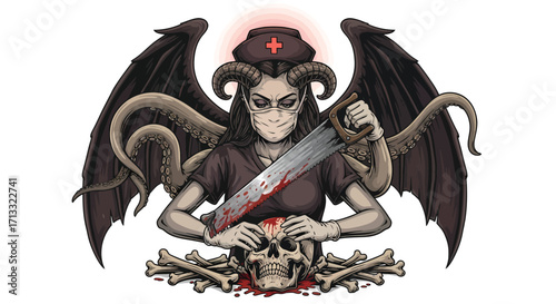 Devilish Nurse with Saw Dissecting Skull Amidst Bones.