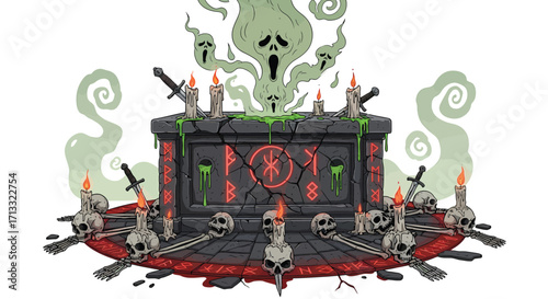Dark Ritual Altar with Screaming Ghosts and Skulls.