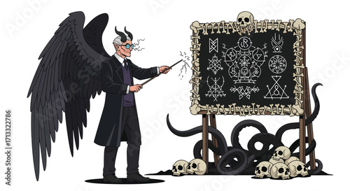 Dark Angel Teacher of Occult Knowledge with Symbolic Chalkboard.