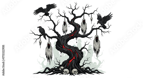 Haunted Tree with Crows and Spectral Figures.