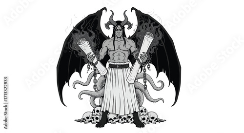 Demon with Horns Wings and Scrolls Standing on Skulls Holding Chains.