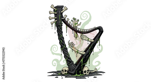 Decaying Harp Played by Skeletal Hands Ghoulish Green Slime Dripping.