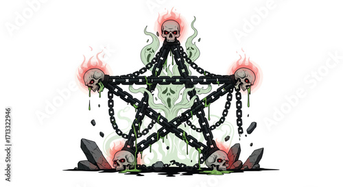 Pentagram of Tortured Skulls with Chains and Flames.