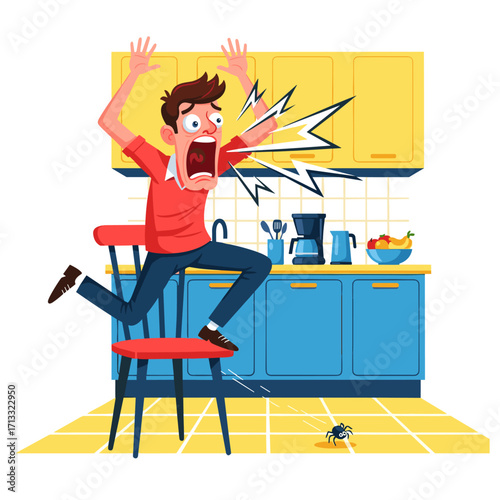 Man screaming in fear of spider in kitchen