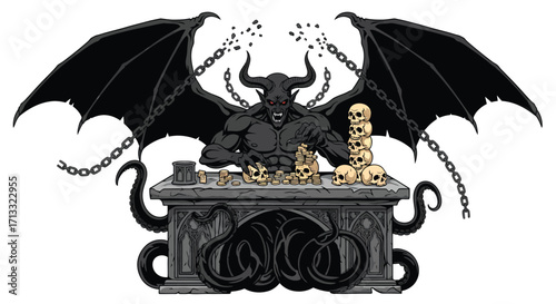 Winged Demon with Horns Counting Skull Coins at Stone Table with Tentacles.