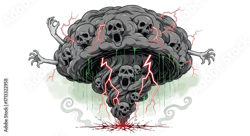 Screaming Skull Storm Cloud with Lightning and Skeletal Arms.