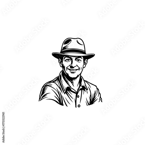 Vintage engraved style portrait of smiling man with hat illustration black and white art work