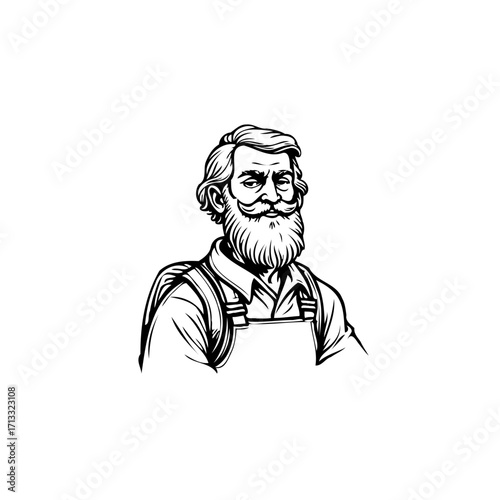 Vintage line art illustration depicting a craftsman with a distinguished beard and overall attire