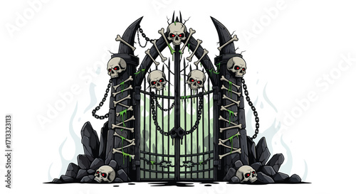Ornate Dark Gate of the Underworld with Skull Decorations.