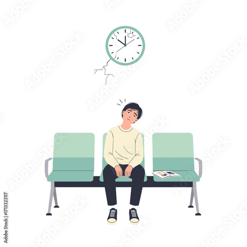 Person waiting with broken clock illustration