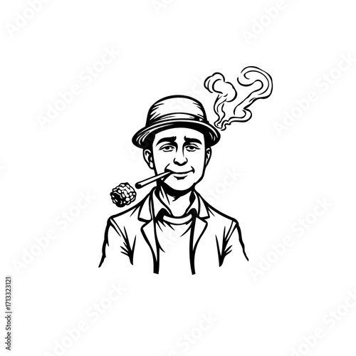 Vintage monochrome illustration man smoking a corn cob pipe wearing a bowler hat character design