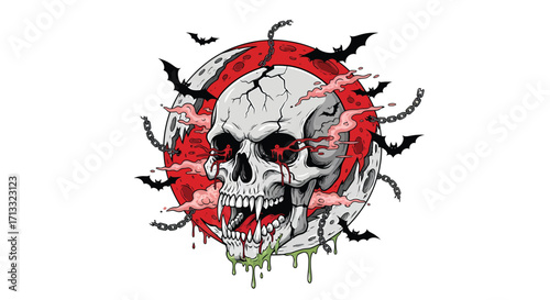 Cracked Skull with Red Eyes Blood Bats and Chains Against a Red Moon.