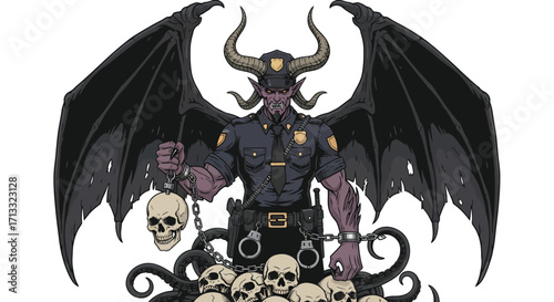 Devilish Police Officer with Skulls and Wings.