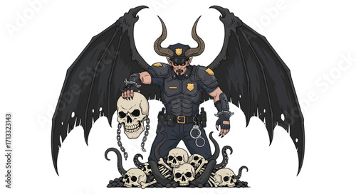 Demonic Police Officer with Horns Wings and Skulls Holding a Skull.