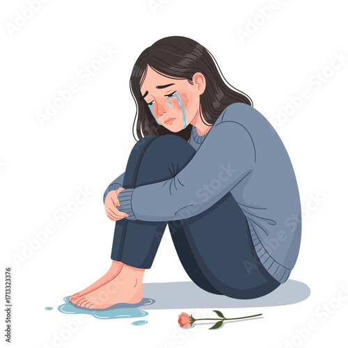 Sad crying woman illustration with tears and rose