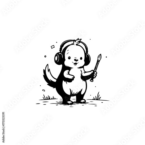 Whimsical artist a charming skunk character with headphones illustration expressing creativity