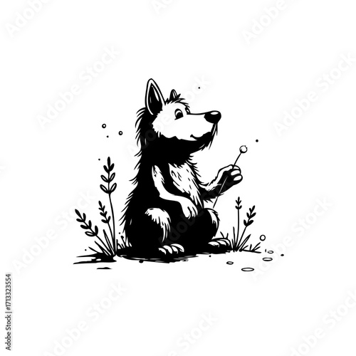 Whimsical canine character observing a delicate flower in a field illustration artwork presented