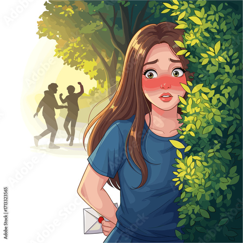 Blushing girl hiding behind bush holding letter