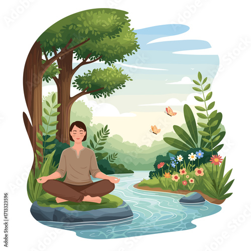 Woman meditating in nature by a river