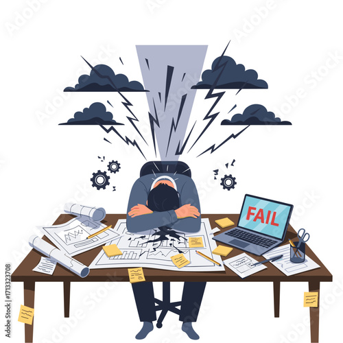Stressed person failing at desk with storm clouds