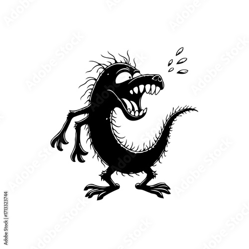 Whimsical cartoon monster with menacing grin and sharp teeth, a creative design full of playful