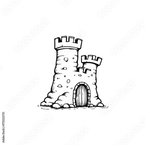 Whimsical castle illustration with unique stone textures showcasing fantasy architecture in a hand