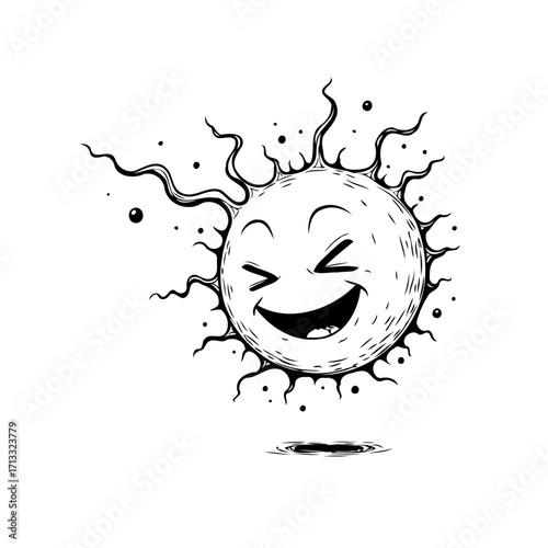 Whimsical celestial body illustration, a happy sun character radiating warmth with a cheerful