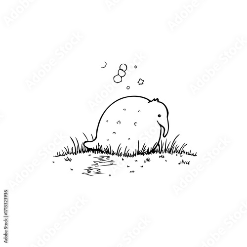 Whimsical creature illustration emerges from playful grass with floating bubble clusters in a