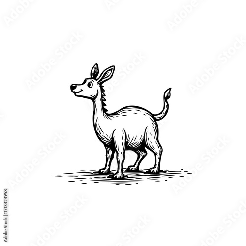 Whimsical creature illustration featuring stylized donkey standing with a simple black and white