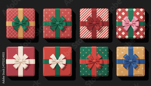 An array of colorful wrapped gifts with elegant ribbons showcases the beauty of giving and sharing joy during the festive holiday season, perfect for celebrations.