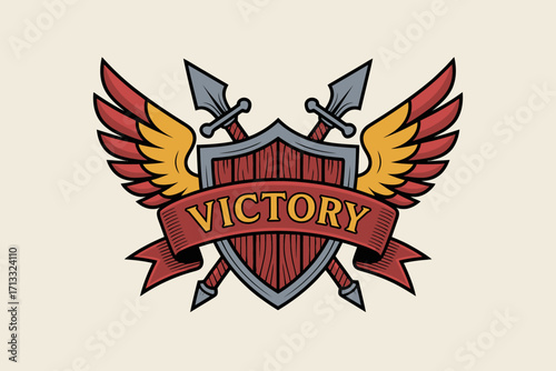 A captivating victory shield design adorned with majestic wings and spear motifs, symbolizing triumph and valor, highlighting the essence of winning battles throughout history.