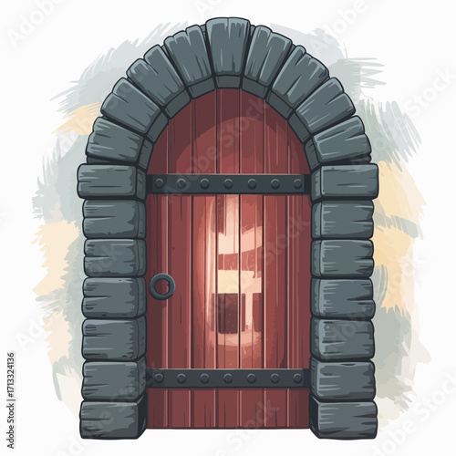 An intriguing stone-arched door featuring a wooden finish, hinting at adventure and mystery, perfect for fantasy-themed projects.