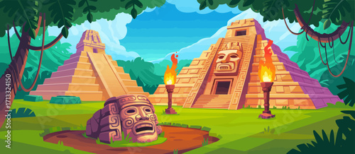 This colorful illustration depicts majestic ancient temples in a lush jungle setting, along with stone faces and torches, representing a vibrant cultural heritage.