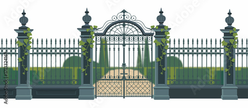 A beautifully designed iron gate adorned with lush green ivy invites curiosity, representing elegance and mystery while highlighting the artistry of metalwork and nature intertwined.
