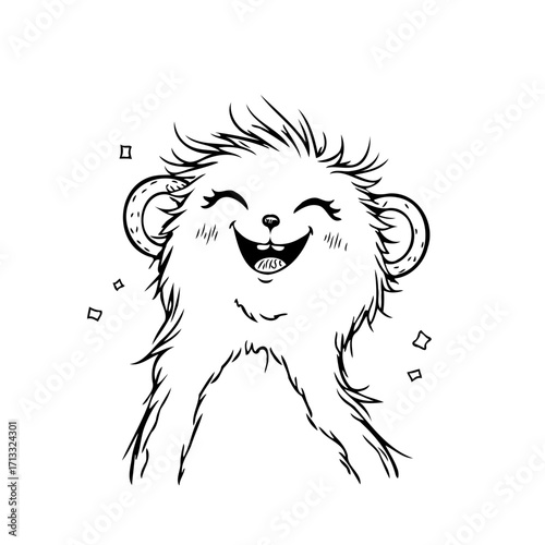 Whimsical fluffy creature illustration showcasing delightful expressive artwork in black and white