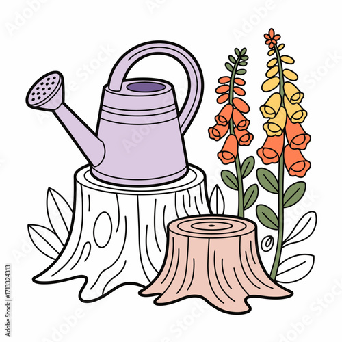 A charming illustration featuring a purple watering can placed on tree stumps, surrounded by vibrant flowers, showcasing nature's beauty and gardening elements.
