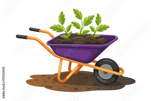 This image depicts a vibrant wheelbarrow filled with fresh soil and growing plants, symbolizing growth, agriculture, and the nurturing aspect of gardening.