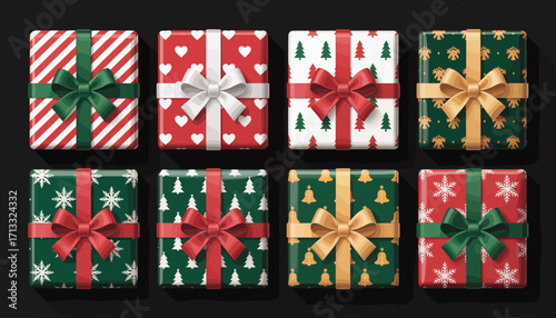 A delightful collection of festive gift boxes featuring unique patterns and colors, representing the spirit of giving and the joy shared during Christmas celebrations.