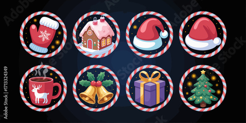 A delightful assortment of colorful Christmas-themed icons including mittens, gingerbread houses, Santa hats, hot cocoa, bells, and festive gifts, perfect for the holiday spirit.