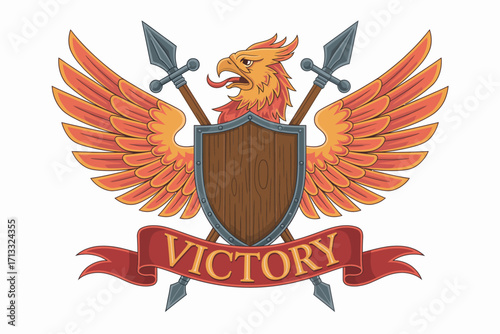 A powerful phoenix shield design featuring elegant wings and fiery motifs represents rebirth, triumph, and the enduring spirit of victory, embodying strength and hope eternally.