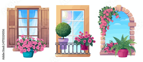 This set of windows features a variety of potted plants and vibrant flowers, encapsulating the essence of home comfort and the beauty of nature in urban settings.