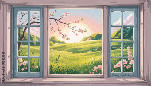 A vibrant window scene revealing blossoming trees and golden sun rays, capturing the essence of spring awakening, filled with colors of rejuvenation and life flourishing anew.