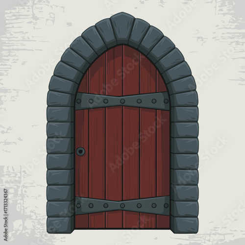 A robust stone door with a rich wooden finish, reinforced with metallic features, echoing strength and durability for fortress or castle themes.